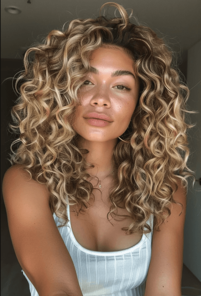 coloración tendencia cabello rizado rubio miel natural 